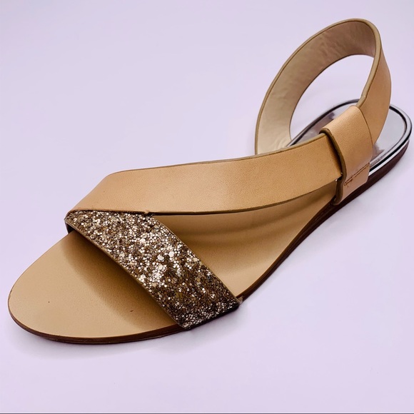 Zara Glitter Tan Leather Slide Sandal Flat 37 6.5